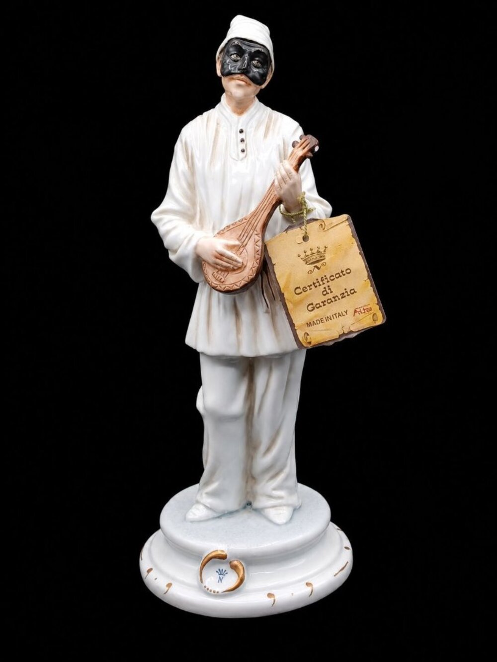 Rare Capodimonte 12" Pulcinella Playing Mandolin Commedia DellArte With Mask